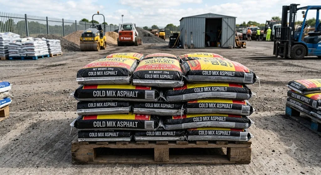Cold Mix Asphalt 1-ton pallet — 40 x 25kg bags stacked on wooden pallet at depot with machinery in background