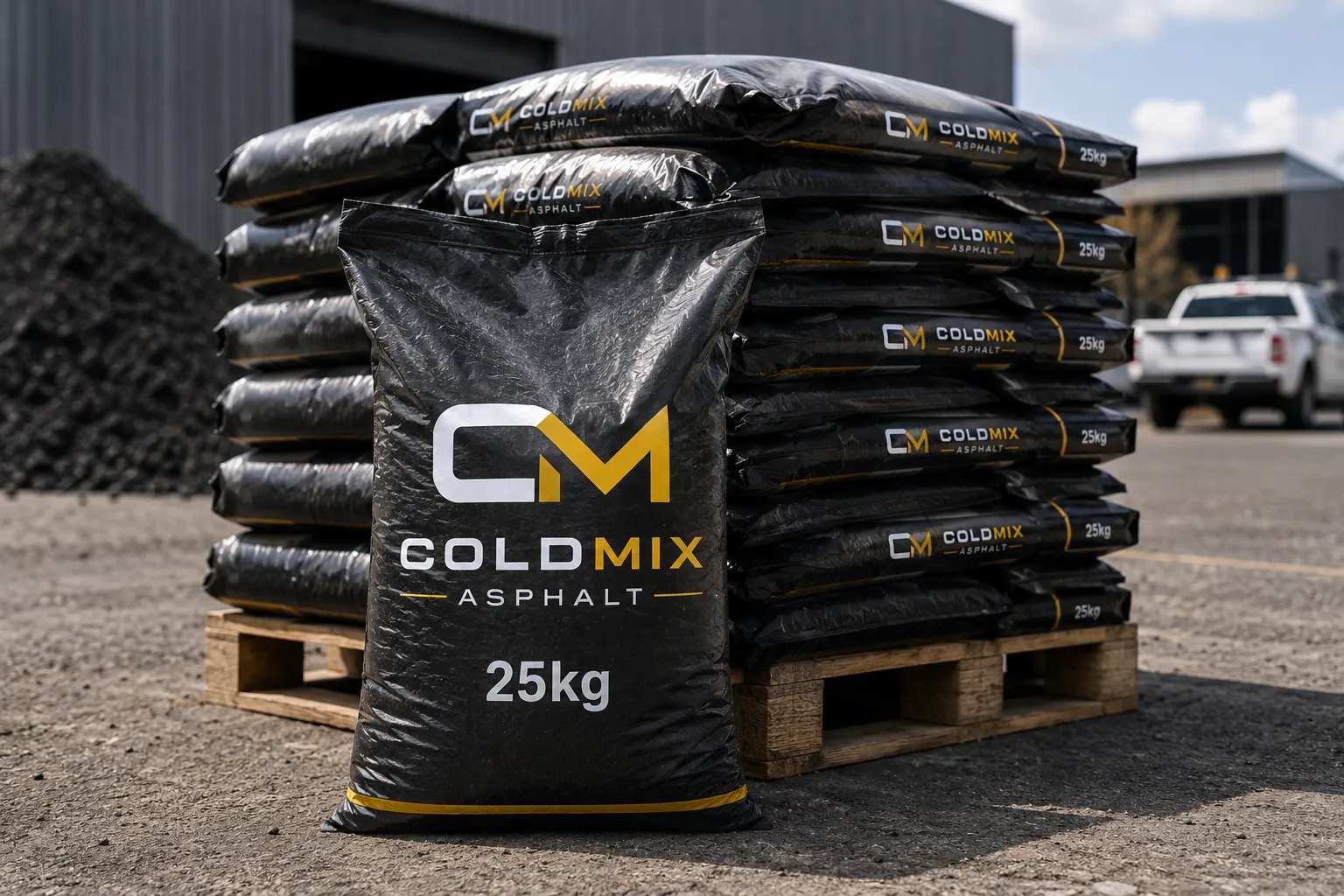 Cold Mix Asphalt branded 25kg bag with pallet of bags stacked at depot, ready for delivery across South Africa