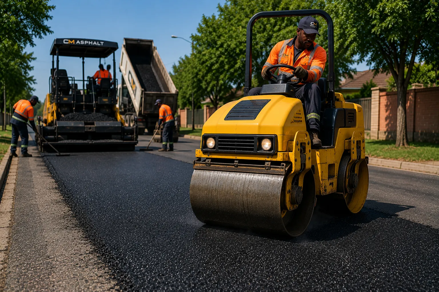 Cold Mix Asphalt bulk road repair — CM Asphalt branded crew with roller compactor laying fresh asphalt on South African road